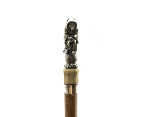 19th century Malacca walking cane, the white metal finial modelled as a Anthropomorphic Fox dressed as a Monk complete Cowl a