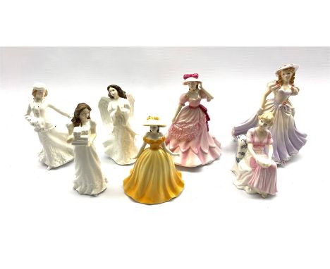 Three Royal Doulton figures Christmas Parcels, Christmas Angel and Skating, two Royal Worcester figures and two others - Cond