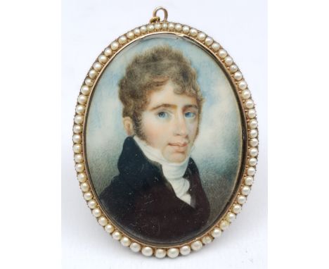 English School (Early 19th century): Portrait of 'Hamilton Ross', miniature on ivory, in gold (tested) mount with split pearl