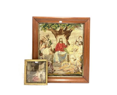 Early 19th century woolwork picture of a young girl playing with a cat and large 19th century religious tapestry in mahogany 