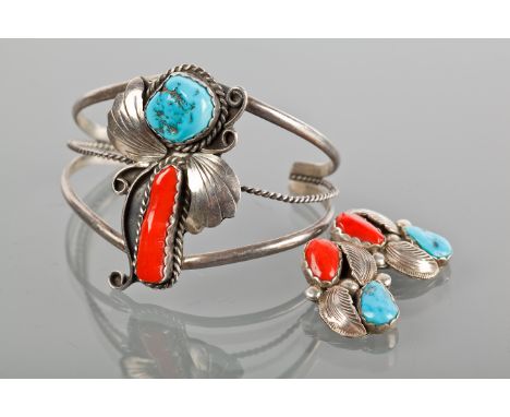 NORTH AMERICAN SILVER BANGLE AND MATCHING EARRINGS
in scrolling pattern with leaves, mounted with turquoise and red coral