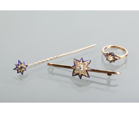 VICTORIAN DIAMOND ENAMELLED SUITE OF JEWELLERY
comprising a diamond set brooch formed by a diamond set star with a principal 