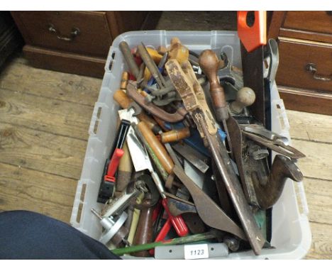 A box of mixed woodworking and other tools