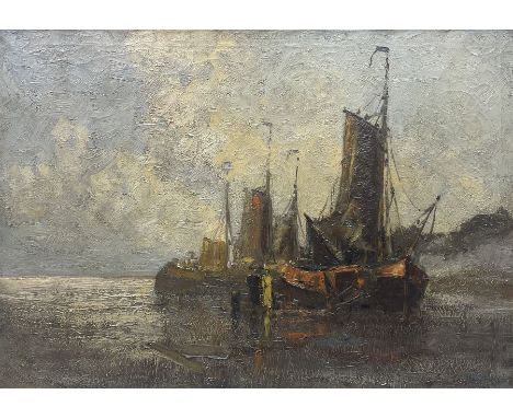 Theodor Hummel (German 1864-1939): Figures Beside Moored Sailing Ships, oil on canvas signed 49cm x 69cm