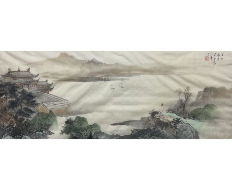 Chinese School (19th/20th century): Traditional Scene with Figure in Meditation Looking over Mountains and Pagoda, watercolou