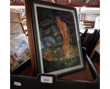 A mixed lot comprising two watercolours, a gouache painting, a print 'Midsummer Eve' after E R Huches and a mirror.