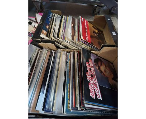 Two boxes of vinyl LP records, rock, pop, jazz, motown &amp; country including Real Thing, Stevie Wonder, Level 42, Billy Kra