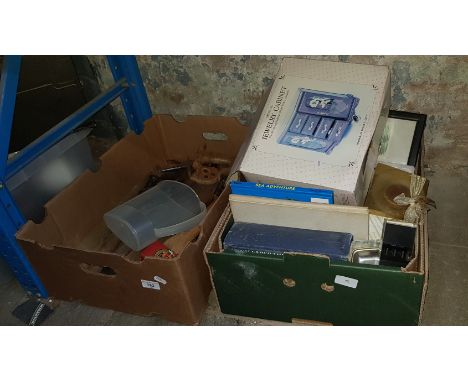 A box of tools and a box of mixed items including jewellery cabinet, pictures, etc