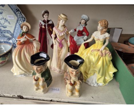 Four Royal Doulton figurines, a Royal Worcester figurine and two toby jugs.
