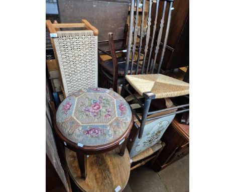 Various items of furniture; a George III mahogany corner cabinet, tapestry seat stools, chairs, mahogany occasional table, et