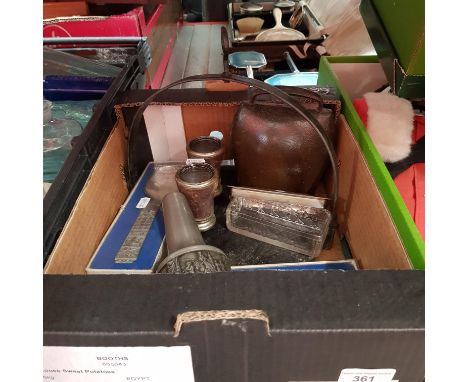 A mixed lot comprising Norwegian pewter, opera glasses, cow bell, lidded glass trinket box and a cast metal griddle pan.