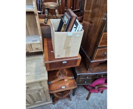 A mixed lot comprising mahogany x frame nest of tables, yew wood sofa table and a box of picture/photo frames.