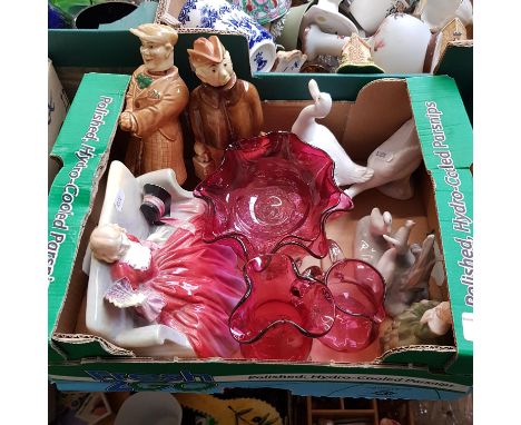 Small box with cranberry glass, Nao geese. pottery figures and two Royal Doulton figures