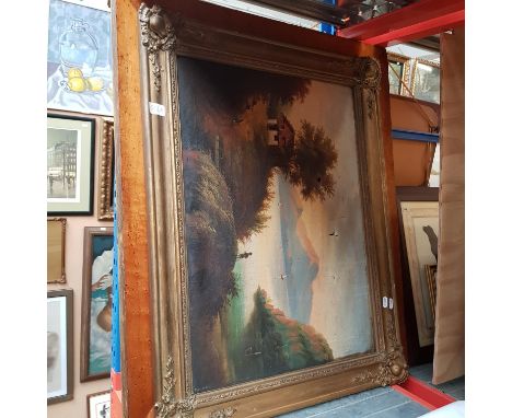 A 19th century coloured print of horses and an oil on canvas landscape scene, both framed.