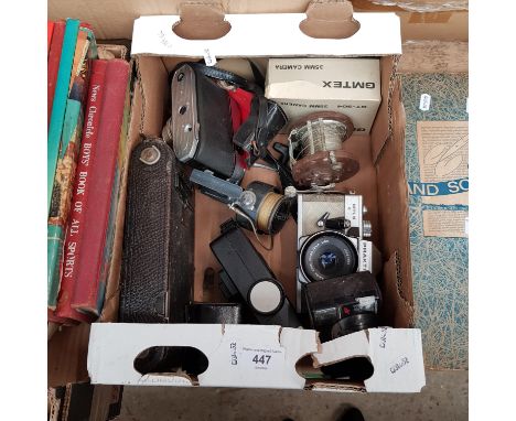 A box of collectables; vintage cameras, fishing reels, etc.