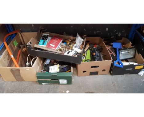 5 boxes of tools etc including wood saws, gas canisters, spot light, sander etc