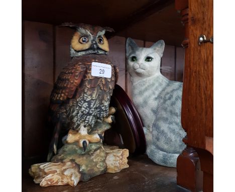 A Border Fine Arts figure of a Silver Tabby Sitting together with a ceramic owl by Capodimonte 