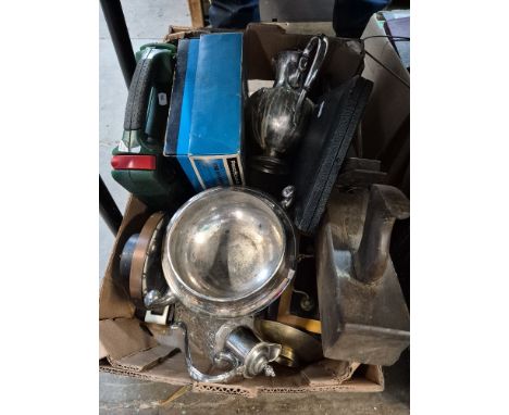 A box of mixed items including plated wares, cutlery, drill set
