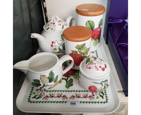 Portmeirion Pomona teapot, milk jug and covered sugar basin on a tray together with 2 lidded storage jars
