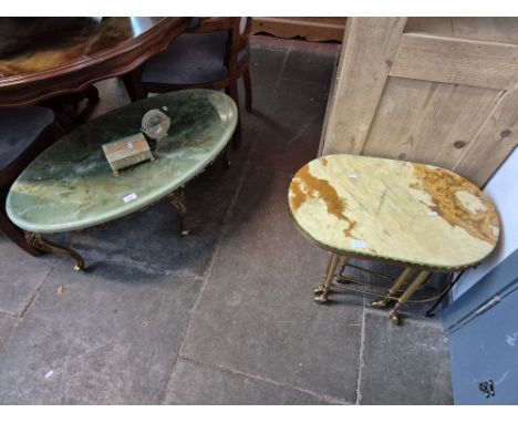 An onyx and brass nest of tables, onyx effect coffee table, onyx trinket box and soapstone coasters.
