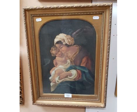 A 19th century overpainted print, Madonna and child, framed and glazed, 40cm x 50cm (overall).