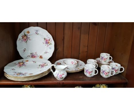 Royal Crown Derby dinner and coffee wares in the Derby Posies design - 5 dinner plates (27cm diameter), 2 plates (21.5cm diam