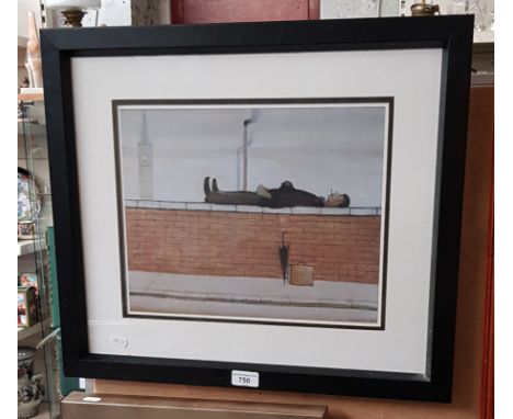After L.S. Lowry, 'Man Lying on a Wall', colour print, 35cm x 27.5cm, glazed and framed, 55cm x 48cm, and another Venice prin