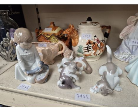 A group of assorted items to include 3 Lladro cats, Nao figurine, novelty teapots, etc.