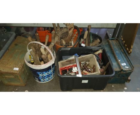 2 toolboxes, 3 tubs and 4 buckets of miscellaneous hand tools