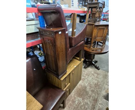 Various items of furniture; oak pedestal table and three chairs, carved oak CD cabinet, two oak side cabinets, oak nest of ta