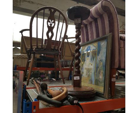 An oak ashtray stand, bundle of walking sticks and a print after Margaret W. Tarrant.