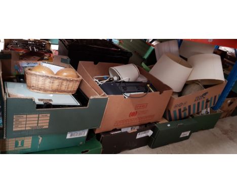 Eight boxes of mixed items including kitchen wares, CDs, lanterns, garage items, table lamps, digital scales, etc