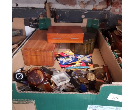 A box containing 3 jewellery boxes, various wristwatches, trinket boxes etc