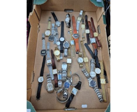A box of wristwatches, Seiko, Casio, Sekonda, Accurist, Ingersol, Guess, etc.