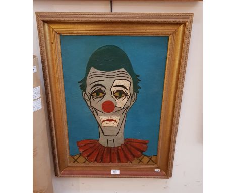 In the manner of Bernard Buffet (French, 1928-1999), oil on board, portrait of a clown, 41.5cmx 59cm, unsigned, gilt frame, 5