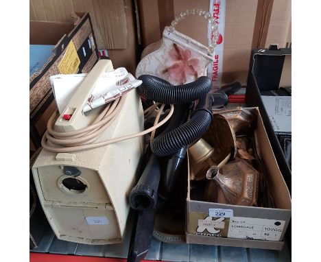 A Hoover Portapower vac with tools, a box of metalware and a table lamp in the form of a handbag