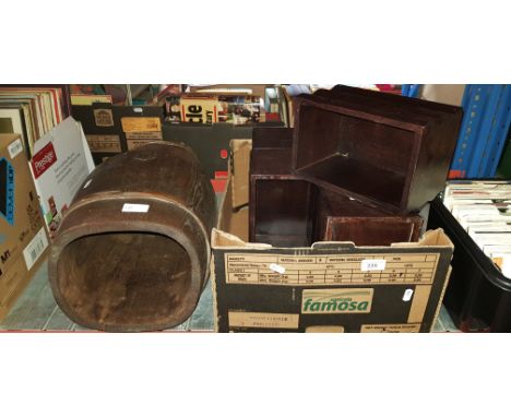 A box of wooden storage boxes/planters, and a wooden stick stand
