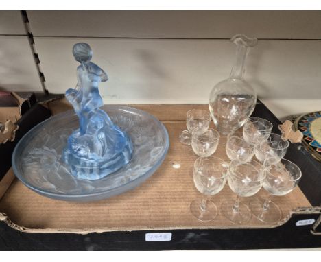 A Walther &amp; Sohne Peter Pan table centre piece together with a sherry decanter with stopper and eight glasses, grape moti