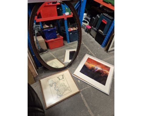 A large oak framed mirror, a modern original painting and a map print of lancaster.
