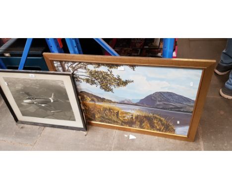 A 20th century school gouache landscape scene painting signed 'Paton' together with a photographic print of an aeroplane, bot
