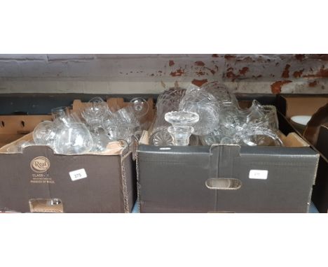 2 boxes of glass ware including vases, decanter, drinking glasses, jugs, bowls etc