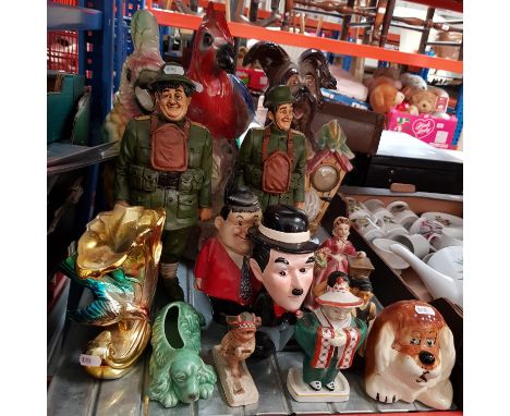 Various ceramic figures, mainly featuring Laurel and Hardy, animals etc