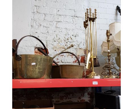 Brass ware including 2 jam pan, fireside tools, sauce pan, table lamp etc