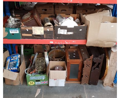 8 boxes of mixed pottery, glass, clock, tools, metal ware, small barrel, together with chemical balance case, book shelves, m