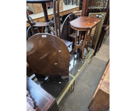 A mixed lot of furniture comprising brass and glass top coffee table, matching nest of tables, folding firescreen/table, maho