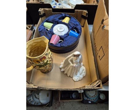 A box containing a Royal Worcester coffee set, Royal Worcester Queen Elizabeth II figure and an Indian Tree hand painted jug.