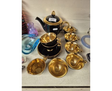Vintage Stavangerflint (Norway) coffee set in black and gold comprising coffee pot, cream jug, sugar basin, 6 cups &amp; sauc