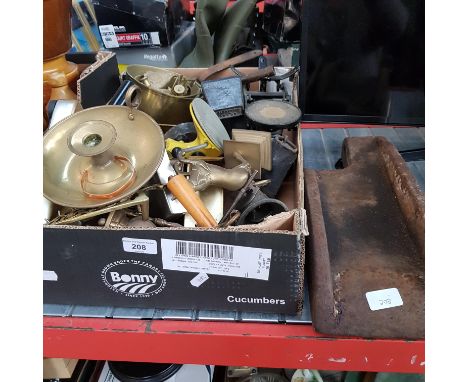 A collection of metal ware including mincer, kitchen scales, brass ware, bell weights etc