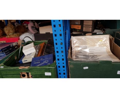 A vintage photo album and pictures, vintage games compendium, copy maps of Dartmouth (change of boundaries), and a box of vin