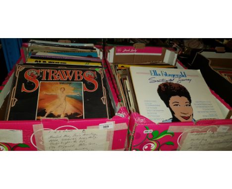 Two boxes of vinyl LP records, pop, jazz, country, rock including Manfred Mann, Louis Armstrong, Abba, Strawbs, Buddy Holly, 